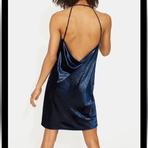 Halston Heritage Blue Velvet Metallic Shimmer Cowl Neck Strappy Back Dress 4 - Picture 3 of 16
